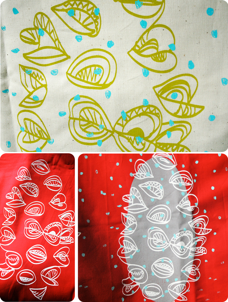 3 pictures of screen printed fabric