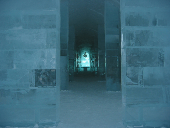 View down the corridor of an ice hotel in Sweden