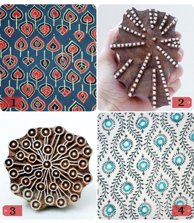 4 images of indian block stamps and indian block printed fabric